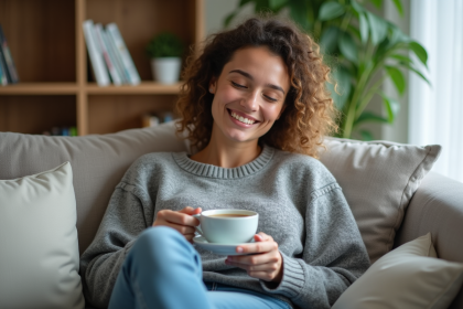 Femme d&eacute;tendue sur un canap&eacute; moderne avec tasse de tisane