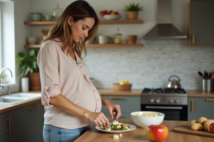 Femme enceinte en cuisine pr&eacute;parant une salade