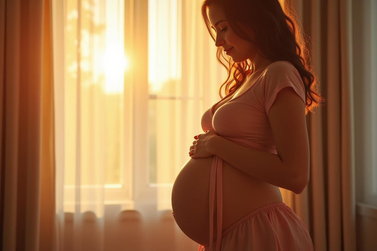 Femme enceinte tenant son ventre près d'une fenêtre en lumière naturelle
