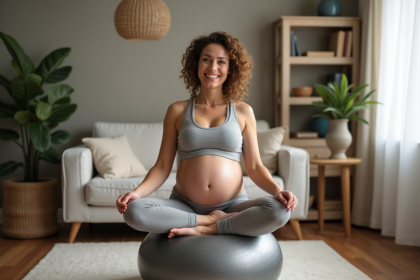 Femme enceinte assise sur ballon de grossesse dans un salon chaleureux