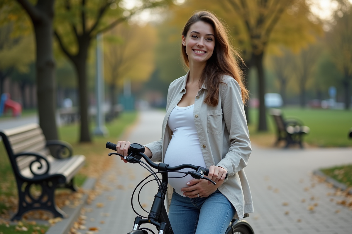 Femme enceinte assise sur un vélo dans un parc urbain