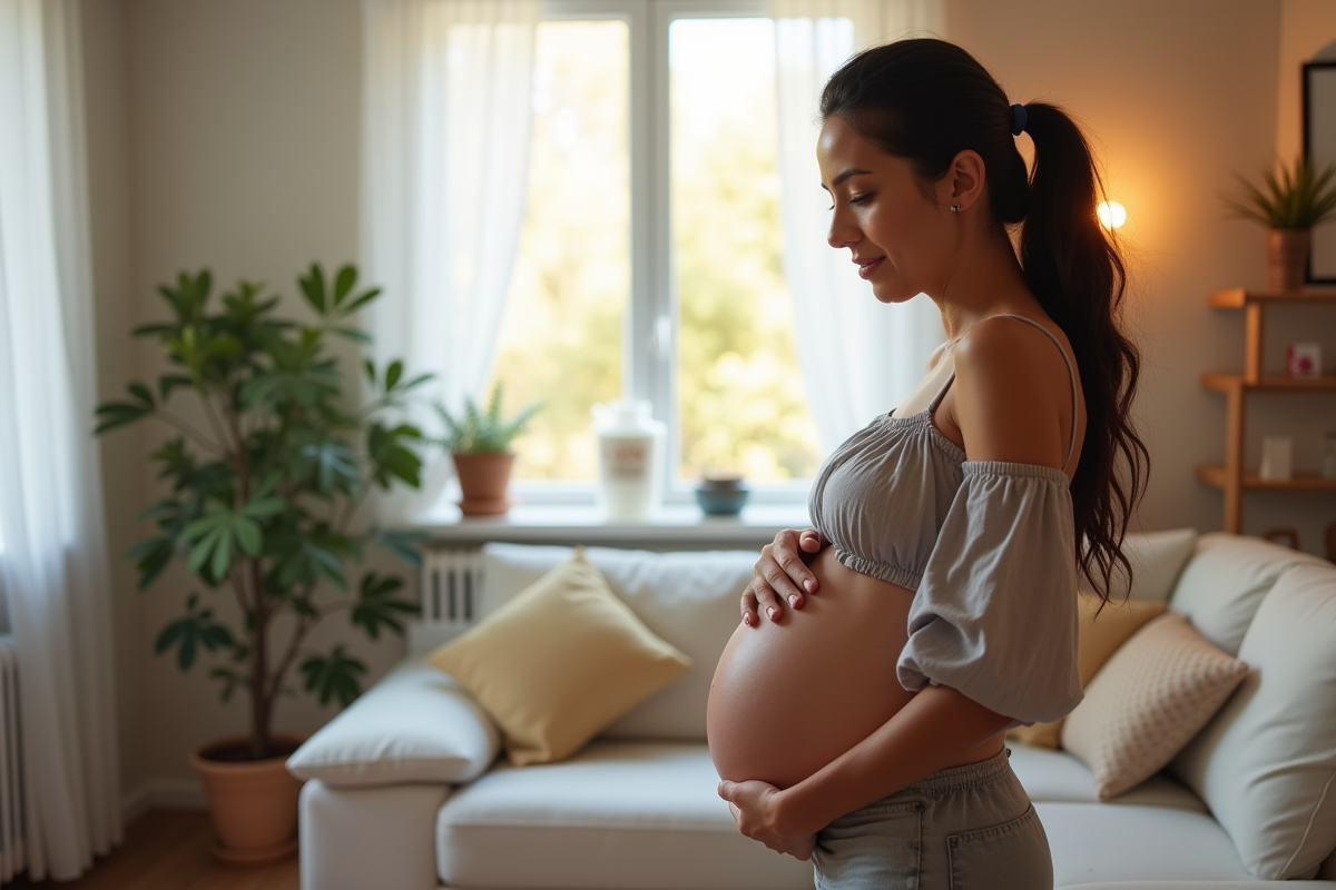 Femme enceinte touchant son ventre et regardant une sono