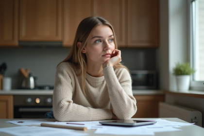 Jeune femme pensant à la maison avec papiers et tablette