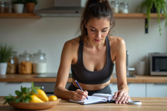 Femme en cuisine moderne journalisant ses repas