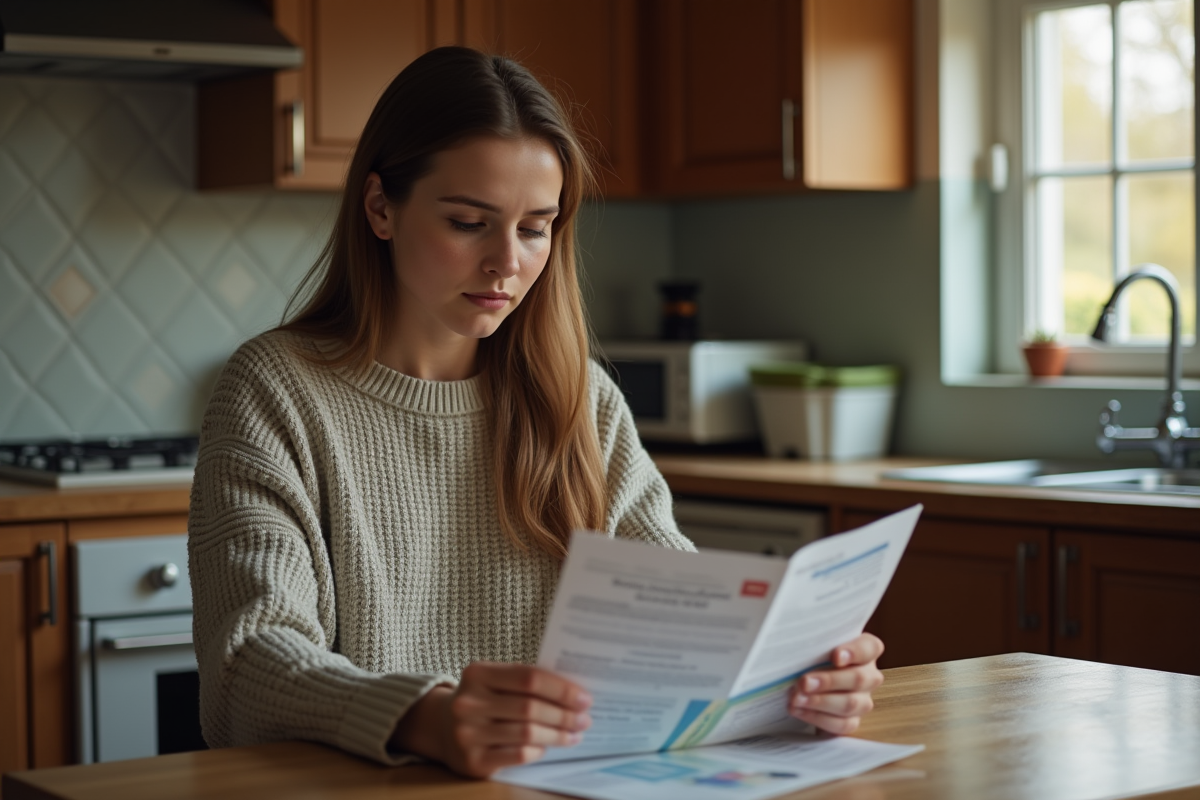 Jeune femme consulte une brochure santé à la maison
