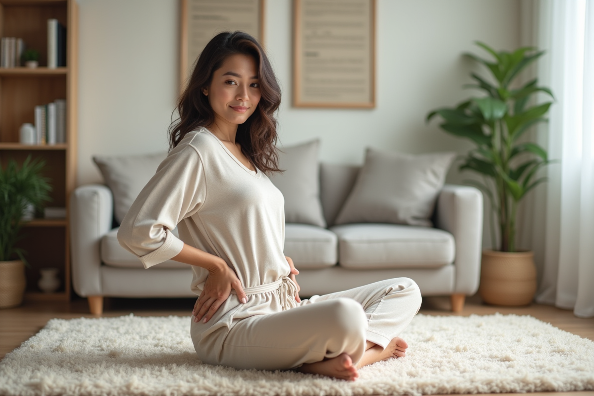 Femme détendue en loungewear dans un salon cosy