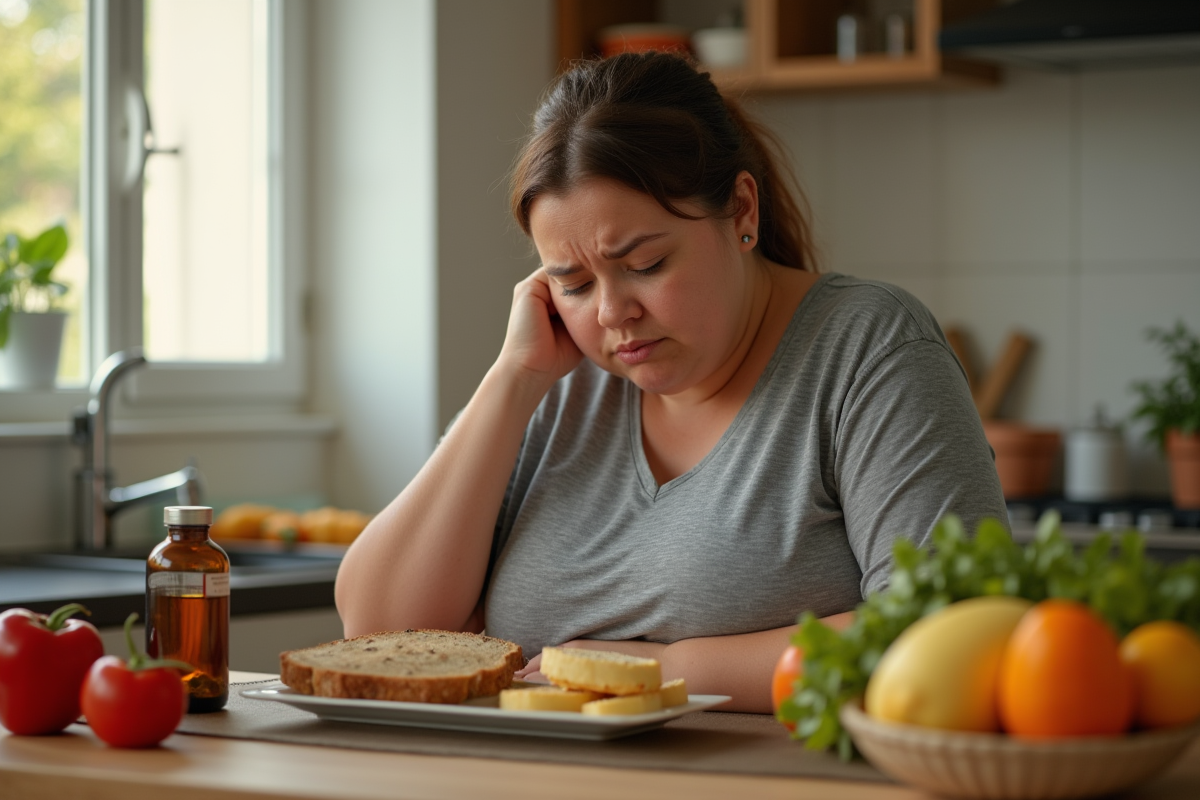 Femme frustrée avec vitamines à la maison