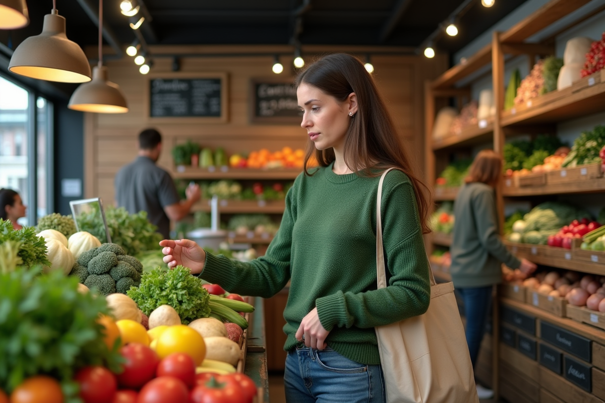 Femme achetant des légumes bio dans un marché urbain