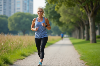 Femme d'âge moyen marche dans un parc en tenue sportive