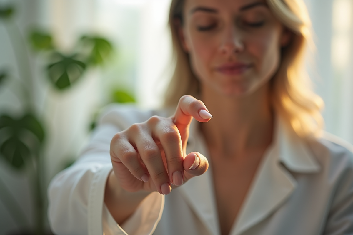 Femme appliquant une pression douce sur le cou avec lumière naturelle