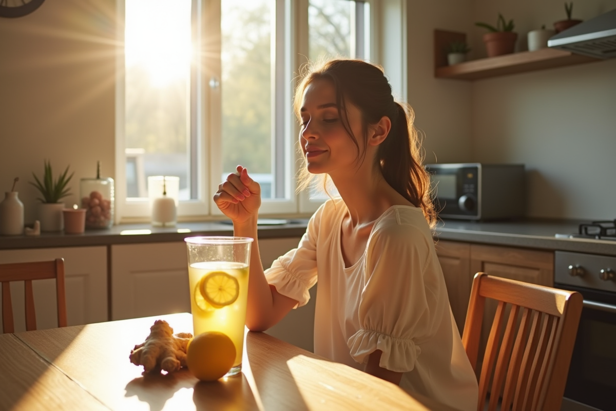 Jeune femme au matin avec infusion de gingembre et citron