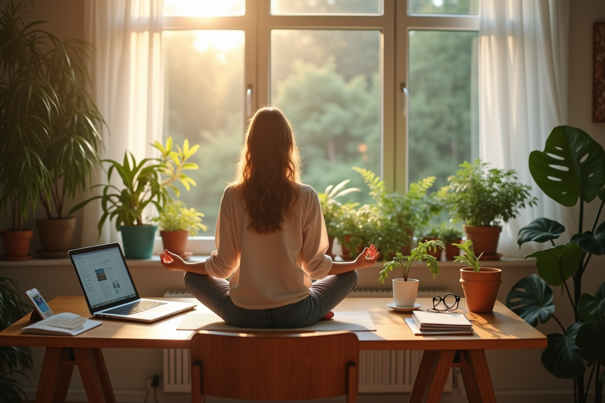 Femme méditant dans un bureau cosy avec plantes et lumière naturelle