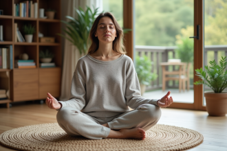 Femme méditant dans un salon moderne et cosy