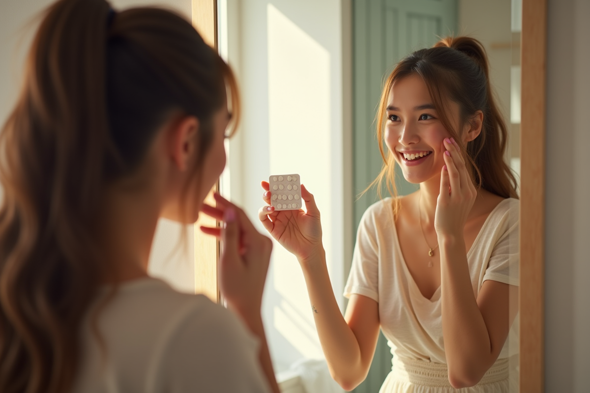 Jeune femme souriante au miroir avec pilules contraceptives