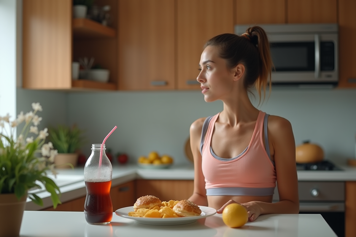 Femme contemplant des pâtisseries dans une cuisine moderne
