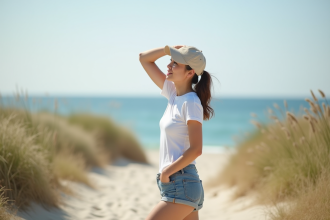 Femme détendue sur la plage portant un chapeau beige