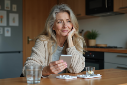Femme d'âge moyen tenant un organisateur de pilules dans la cuisine