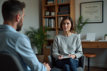 Femme attentive en séance de thérapie avec psychologue