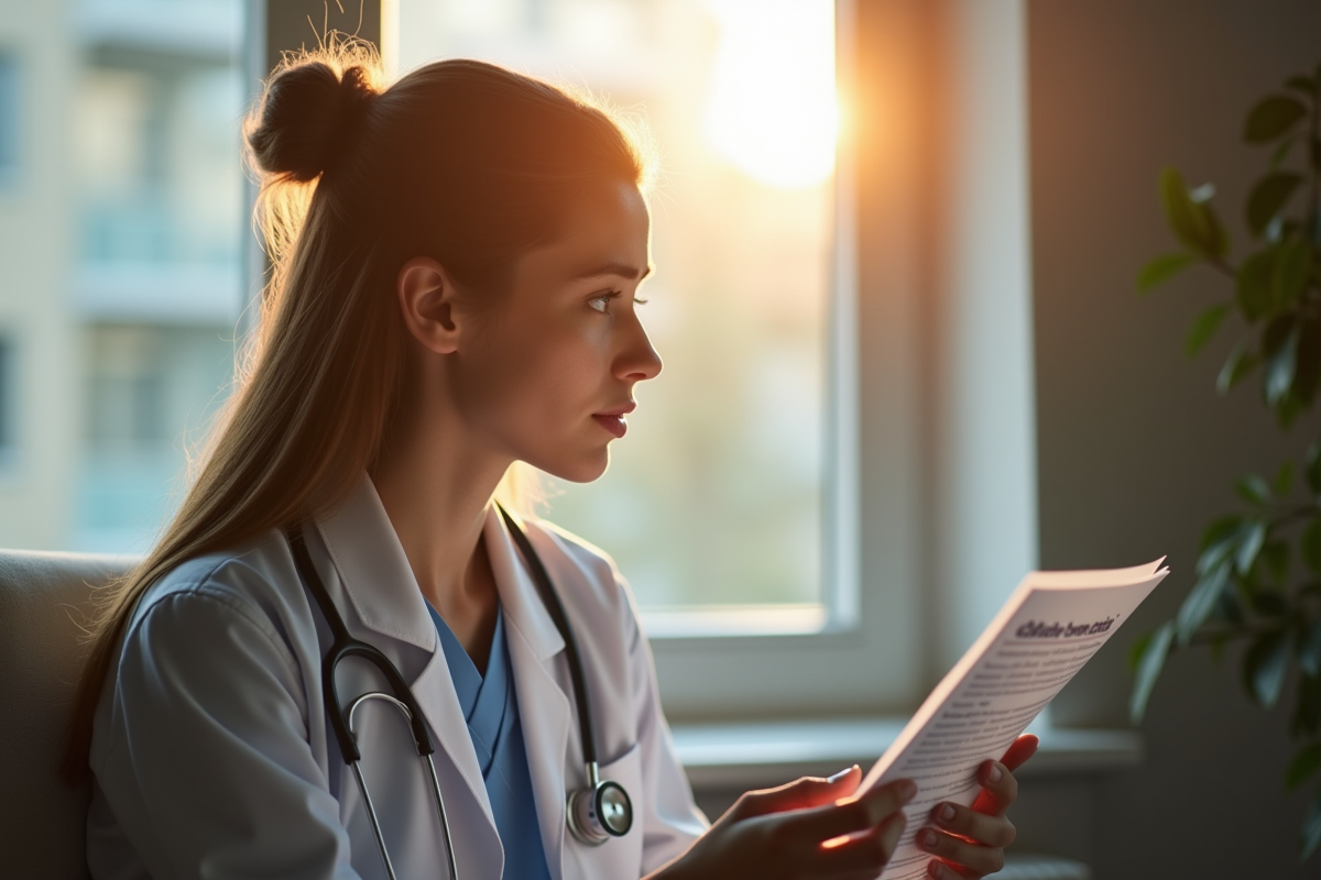 Jeune femme pensive tenant un rapport médical près de la fenêtre