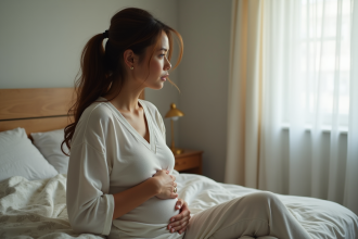 Femme assise sur le lit en pensant dans sa chambre
