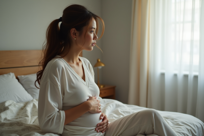 Femme assise sur le lit en pensant dans sa chambre