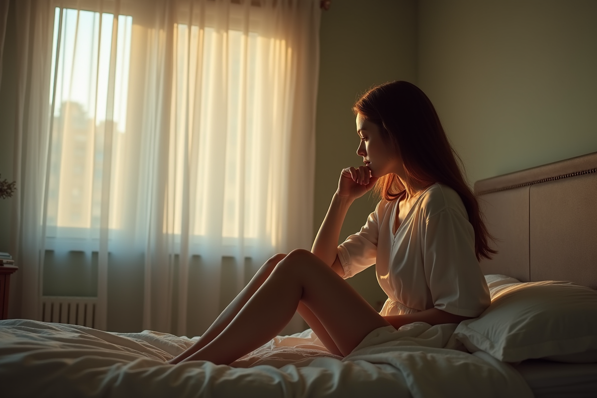 Jeune femme pensante dans une chambre lumineuse et calme