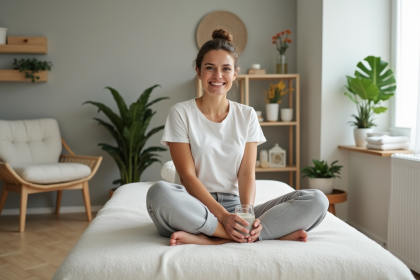 Femme détendue tenant un verre d'eau dans un studio bien-être