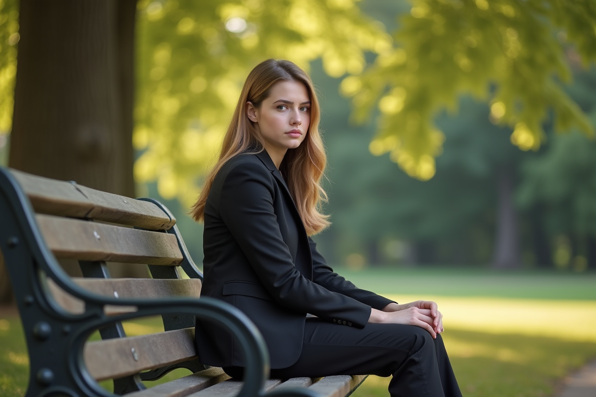 Jeune femme assise sur un banc dans un parc en journée