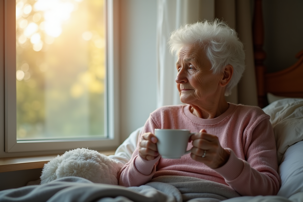 Femme agee assise près de la fenêtre avec tasse de thé