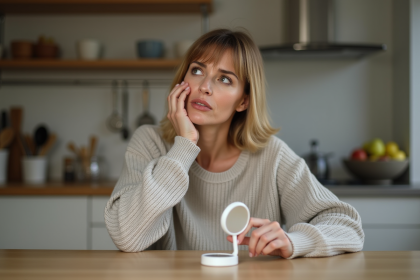 Femme d'âge moyen examinant sa bouche avec un miroir dentaire
