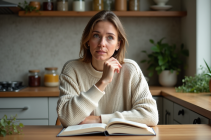 Femme d'&acirc;ge moyen lisant un livre sur la sant&eacute; intestinale