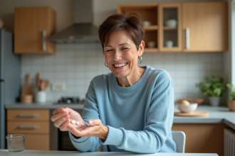 Femme d'âge moyen souriant en examinant une pilule dans la main