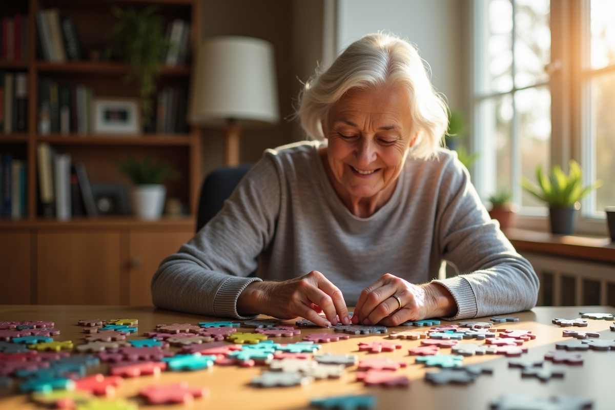 Femme senior souriante assemble un puzzle coloré dans un cadre lumineux