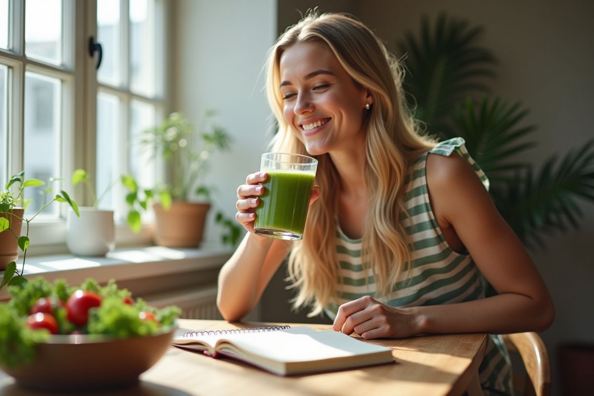 Femme dégustant un smoothie vert avec salade et journal