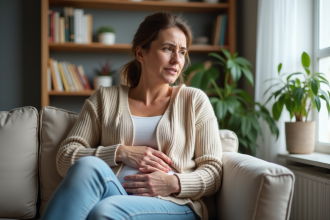 Femme d'âge moyen touchant son abdomen dans un salon