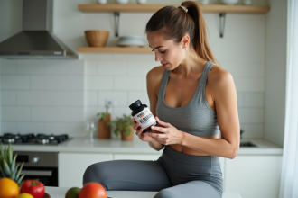 Femme sportive tenant une bouteille de complément brûleur de graisse