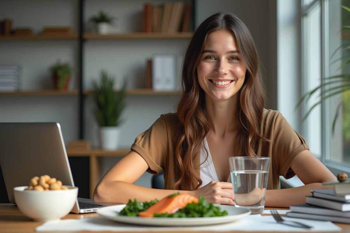 Jeune femme souriante au bureau avec repas sain et ordinateur