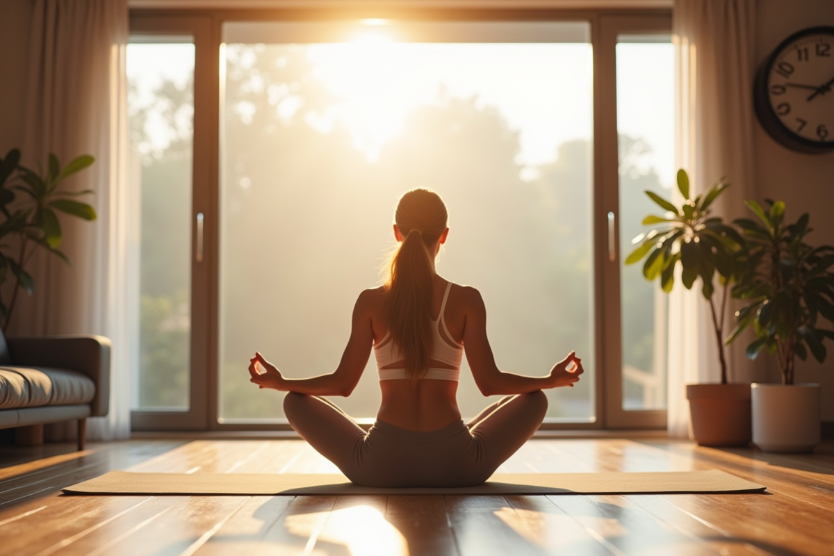 Femme pratiquant le yoga à la maison au matin
