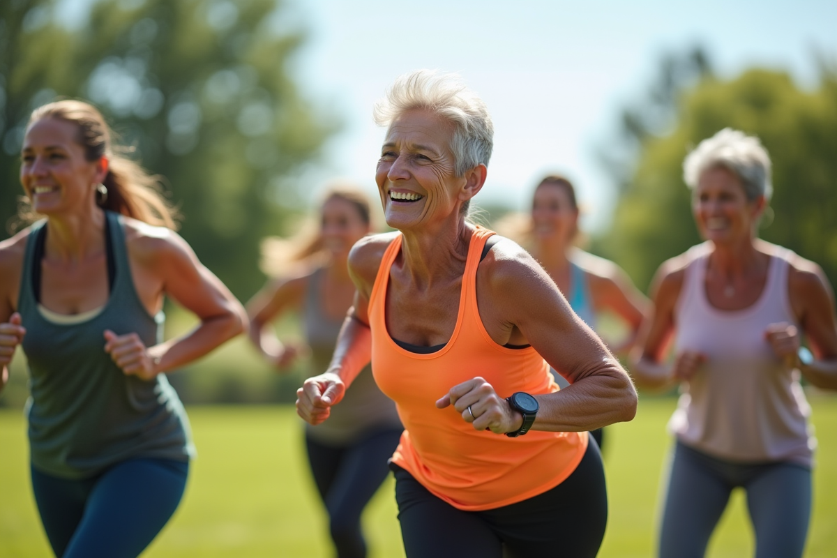 Femmes sportives dans un parc en groupe en pleine séance de fitness