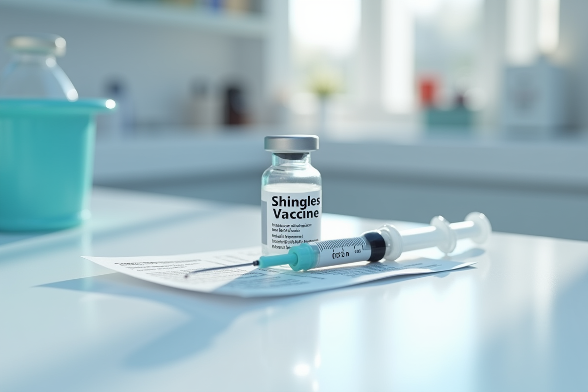Flacon de vaccin shingles et seringue sur comptoir blanc