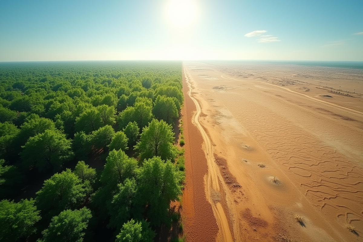 Forêt verte luxuriante et terre aride contrastée