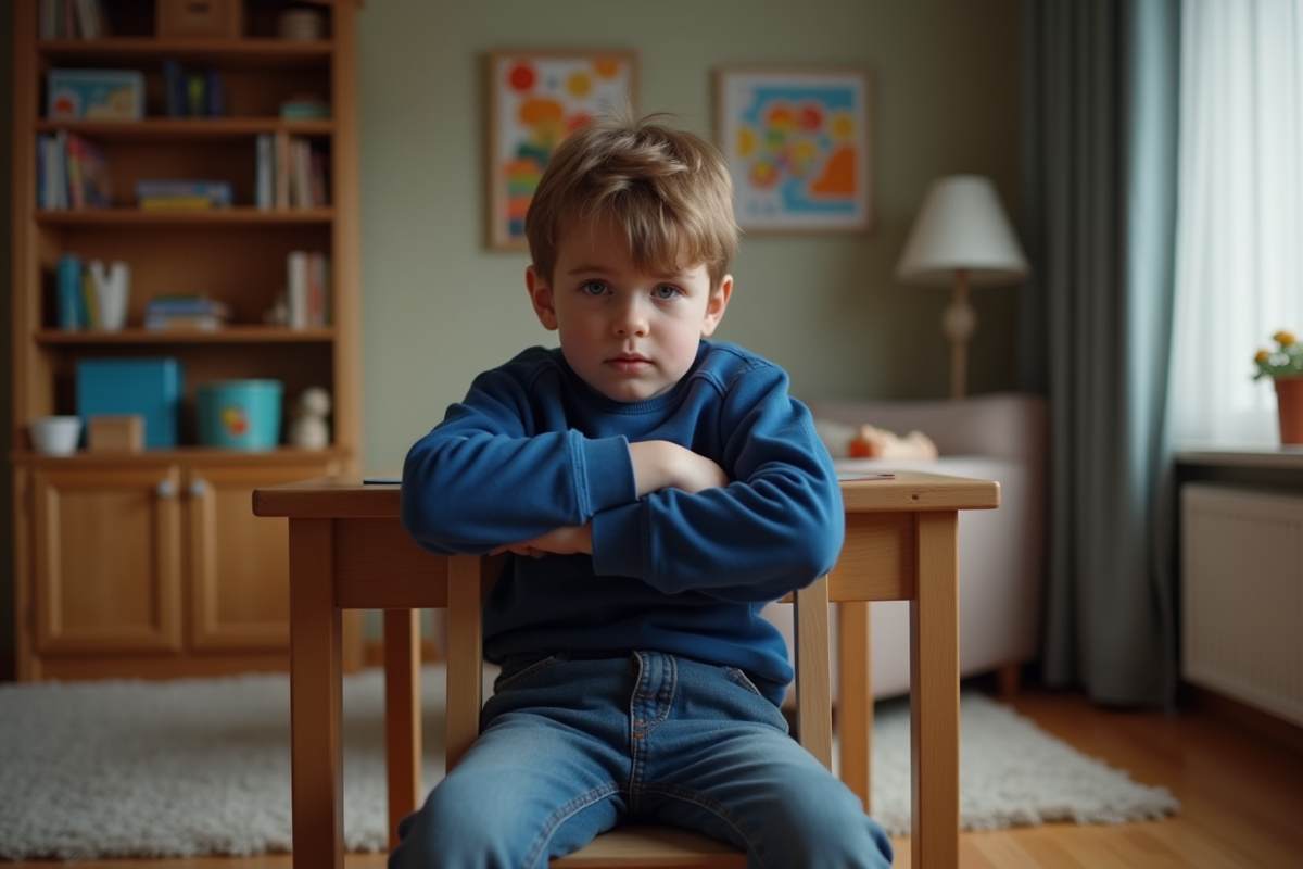 Garçon de 8 ans pensif dans un salon familial chaleureux