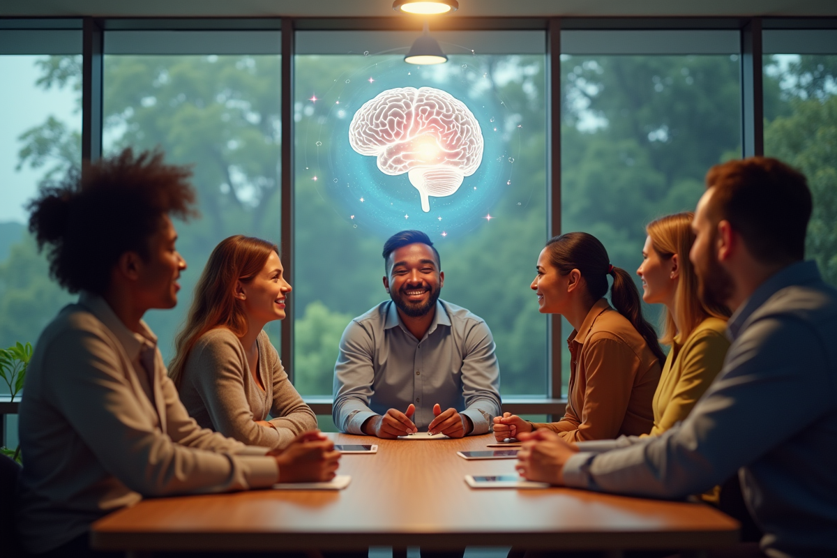 Groupe de personnes discutant avec un hologramme de cerveau