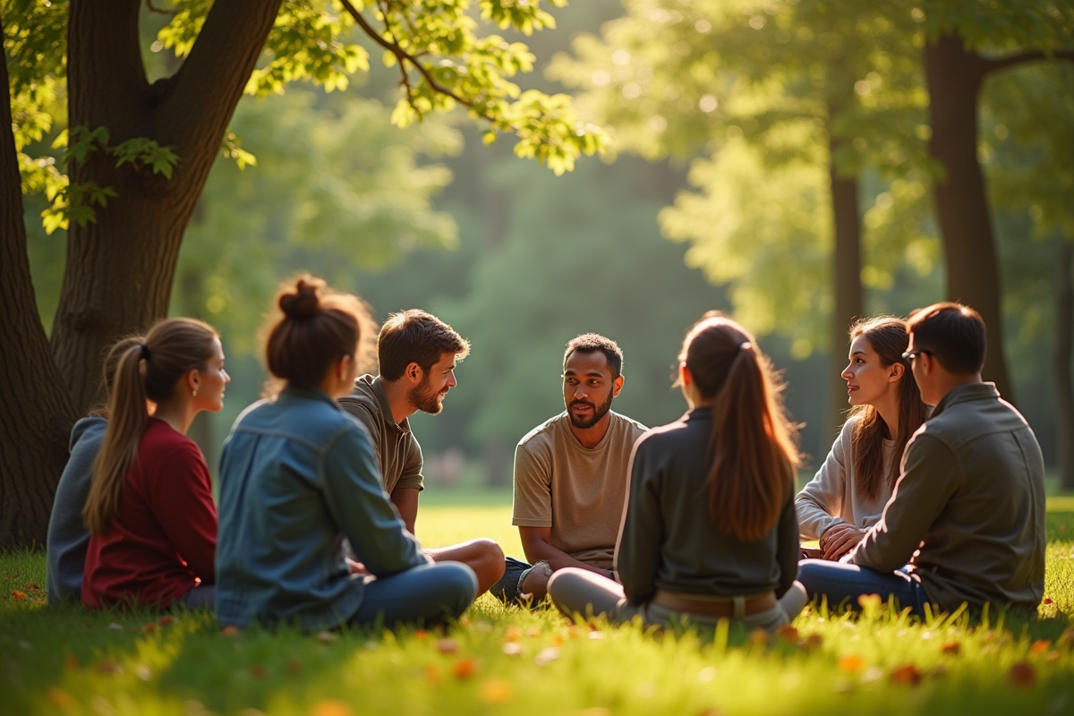 Groupe diversifié en cercle en plein air pour la croissance personnelle