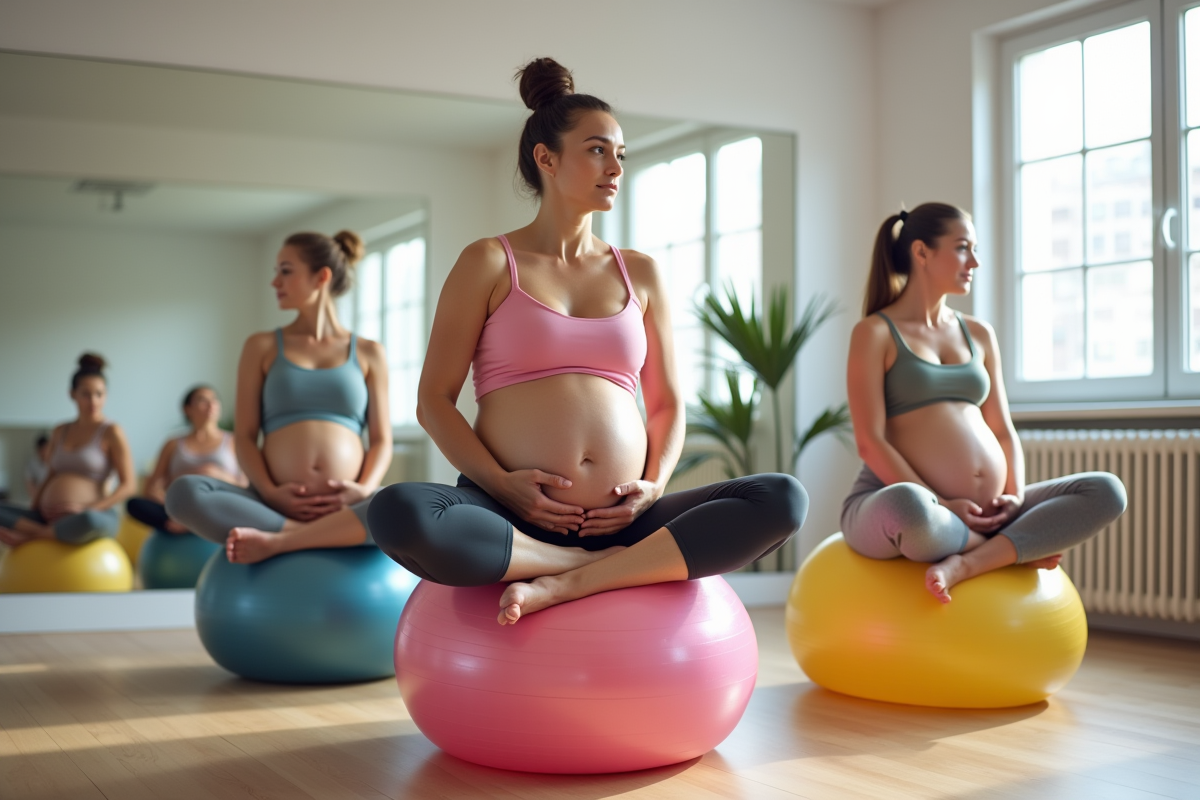 Femmes enceintes faisant des exercices d etirement avec ballons de grossesse