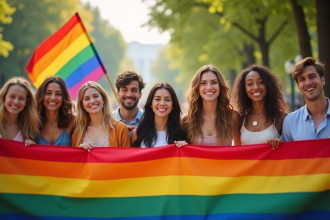 Groupe diversifié souriant avec drapeaux arc en ciel dans un parc urbain