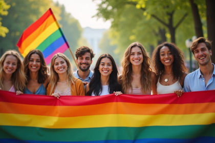 Groupe diversifié souriant avec drapeaux arc en ciel dans un parc urbain