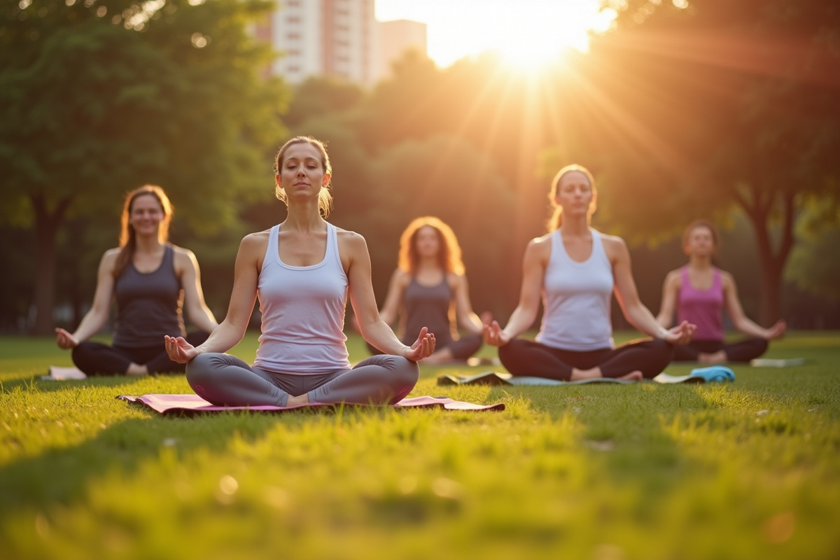 Groupe de personnes faisant du yoga au parc au lever du soleil