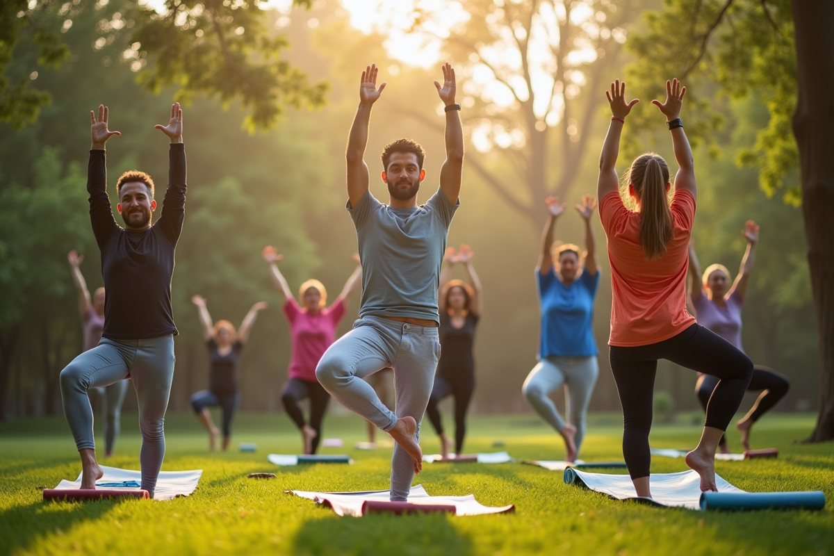 Groupe de personnes pratiquant le yoga dans un parc au matin