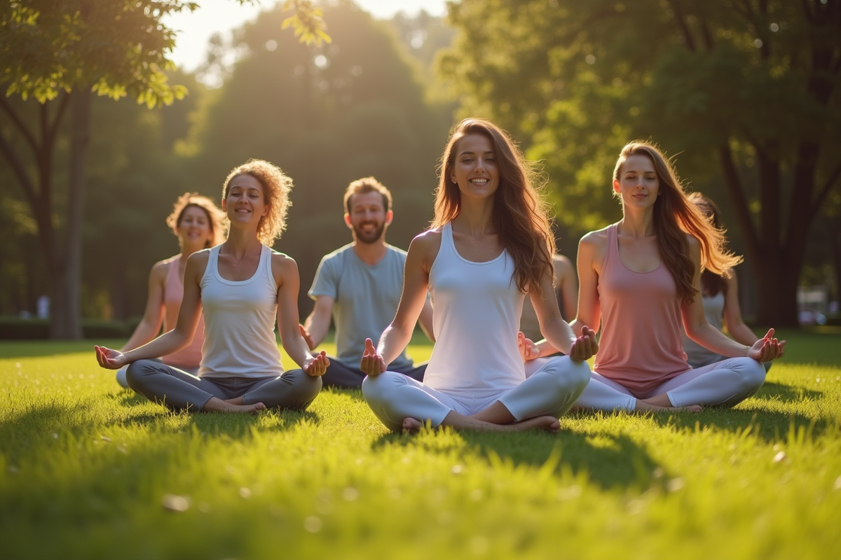 Groupe de personnes pratiquant le yoga dans un parc ensoleille